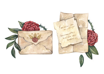 Watercolor vintage illustrations with envelope and love letters, red rose, thorn stem and green leaves. Isolated