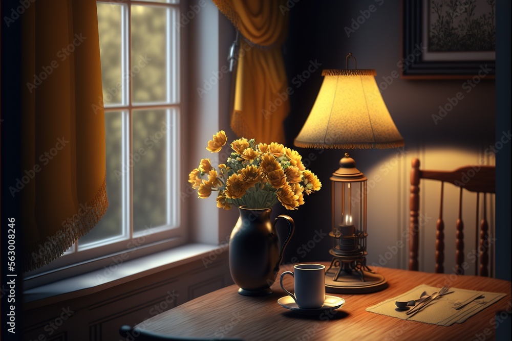 Poster a vase of flowers on a table next to a lamp and a window with curtains on it and a lamp shade on the