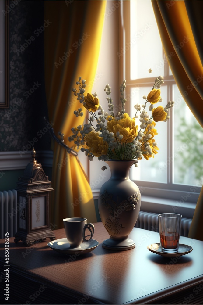 Poster a vase of flowers on a table with a cup of tea and a lantern in the background with a window behind 