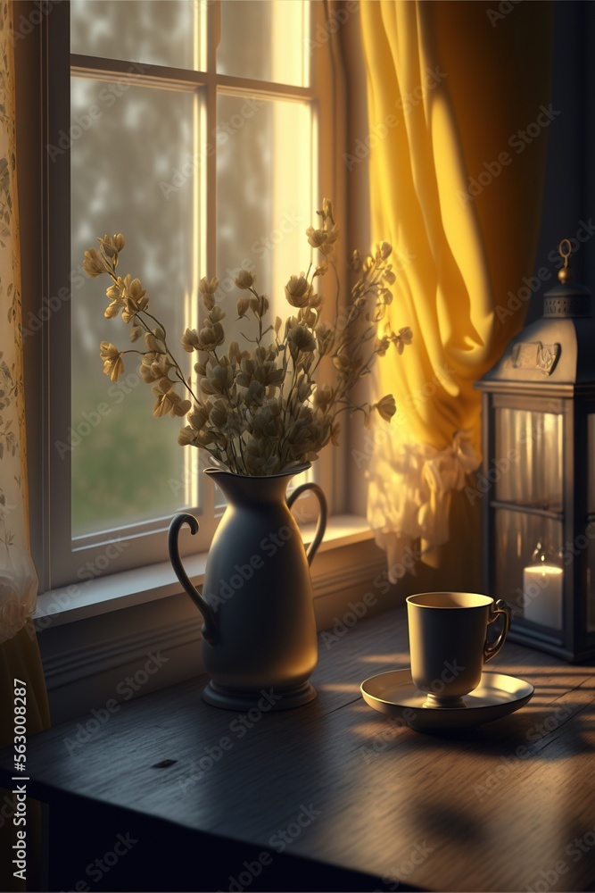 Poster a vase of flowers sitting on a table next to a cup and saucer with a candle in it and a window behin