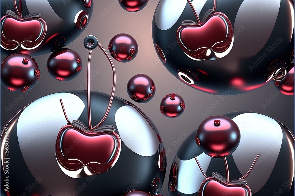 Poster a bunch of shiny balls with a cherry on top of them in a pattern of red and black balls with a white