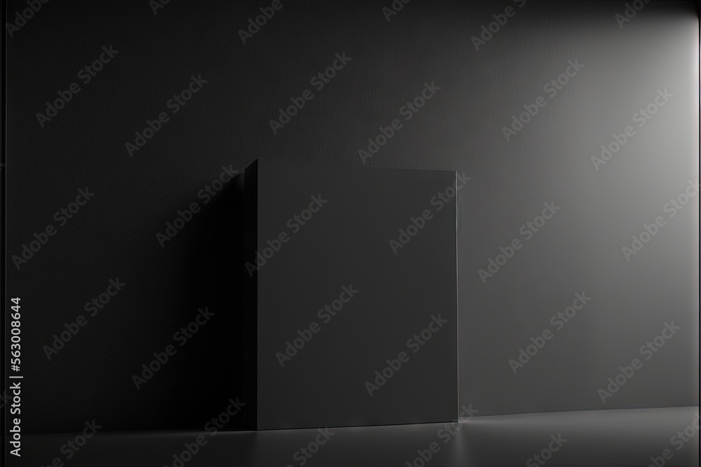Poster a black and white photo of a square object in a room with a light coming through the window and a wa