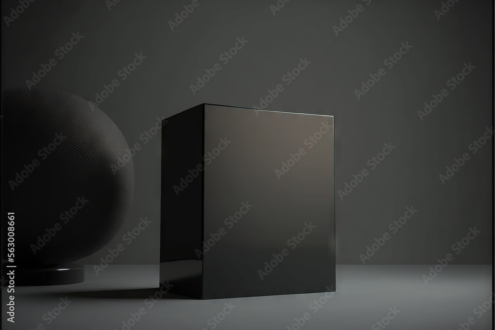 Poster a black box sitting next to a black ball on a table top with a gray background and a black backgroun