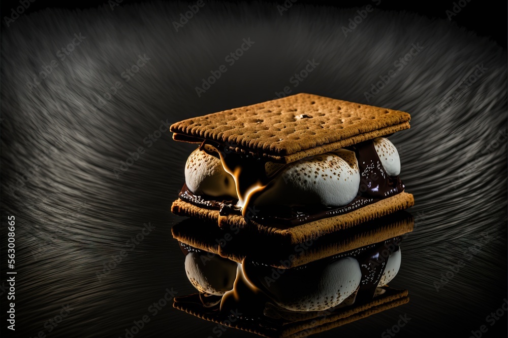 Poster a cookie and some cookies on a black surface with a reflection of it in the water and a black backgr