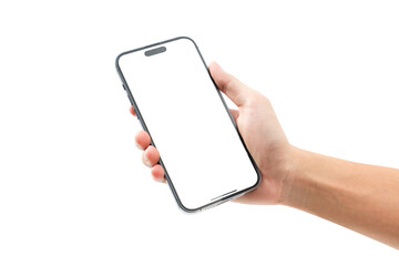 Hand showing smartphone with blank screen isolated on white background.