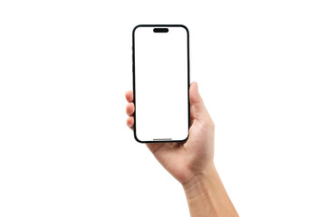 Hand showing smartphone with blank screen isolated on white background.