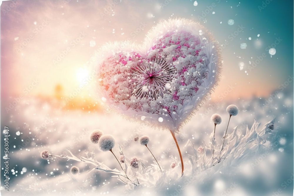 Poster a dandelion heart shaped flower in the snow with a sunset in the background with snow flakes and sno