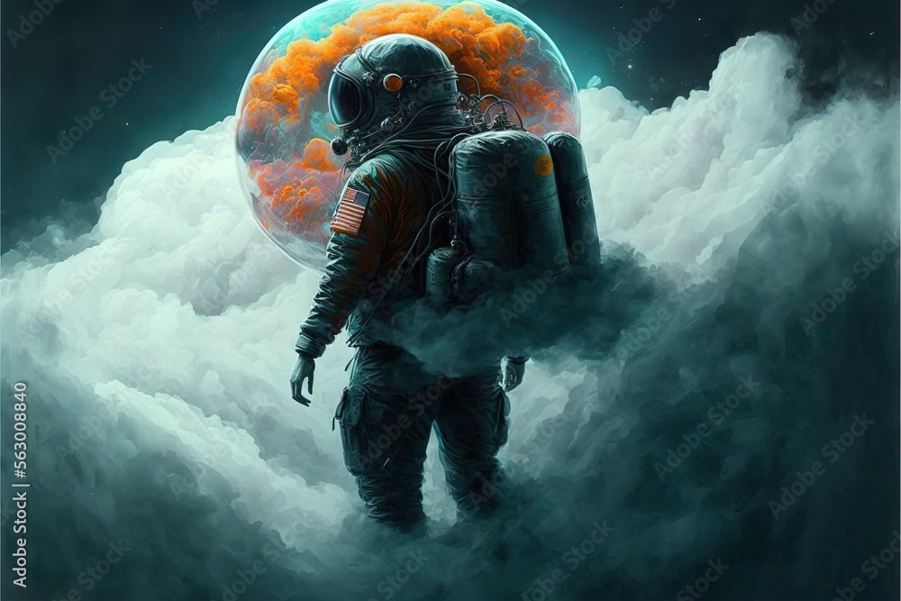 Poster a man in a space suit standing on a cloud covered ground with a large orange object in his hand and 