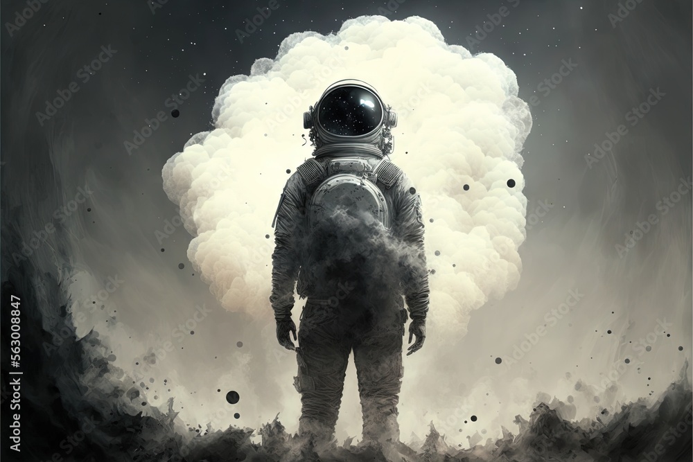 Poster a man in a space suit standing in front of a cloud of smoke and smoke on a black background with a w