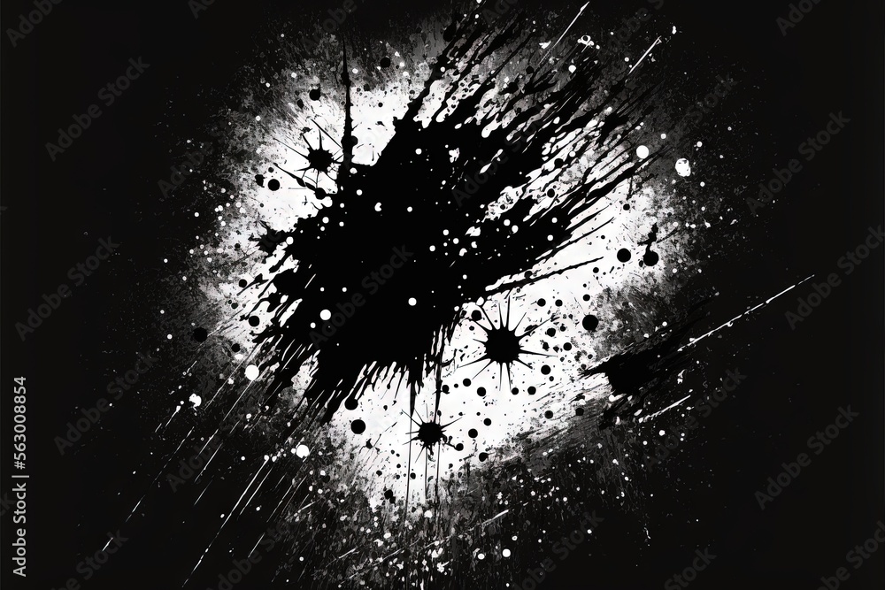 Poster a black and white photo of a black and white background with splats and dots on it, with a black bac