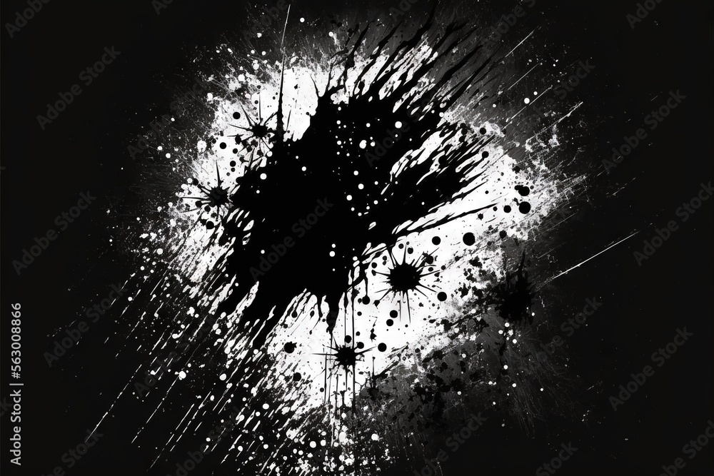 Poster a black and white photo of a black and white background with splatters and dots on it, with a black 