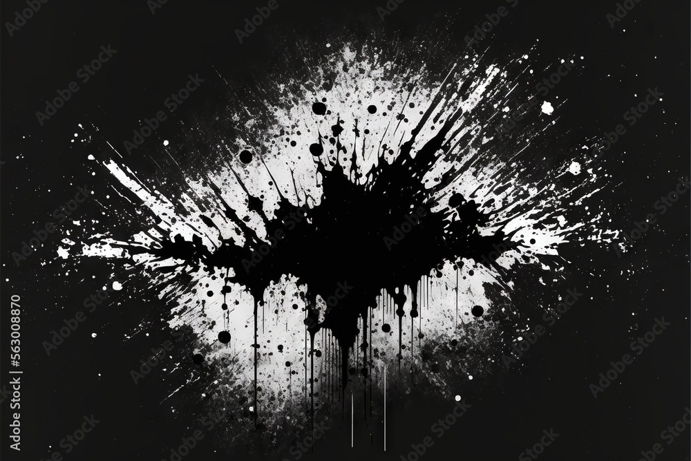Poster a black and white painting with paint splatters on it's surface and a black background with white do