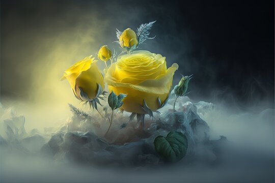  a yellow rose with leaves on a rock in the foggy sky with smoke behind it and a black background with a white border around the edges and a black border with a white border., generative ai