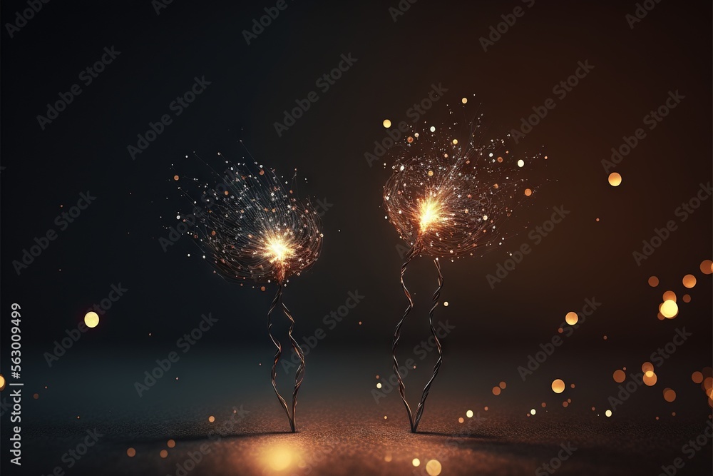 Poster two sparklers are standing in the dark with lights on them and a black background with a few small l