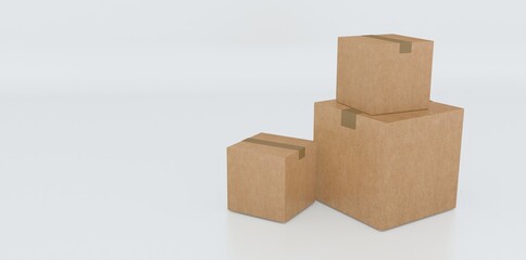 Close up of a cardboard box on white background. Cargo box mockup. 3d rendering.