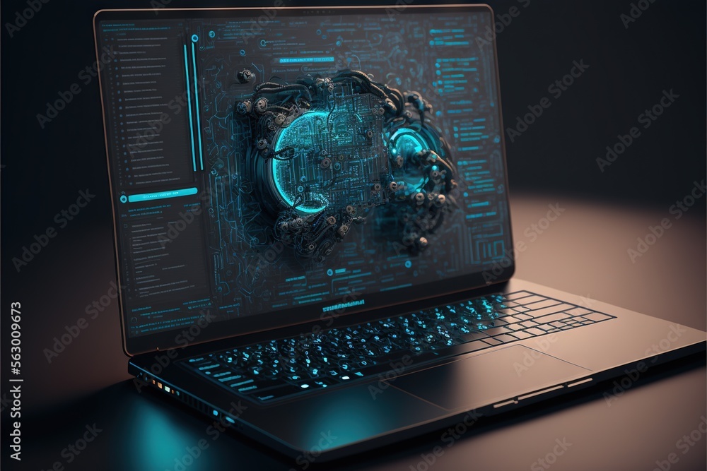 Poster a laptop computer with a futuristic design on the screen and keyboard on the screen, with a dark bac