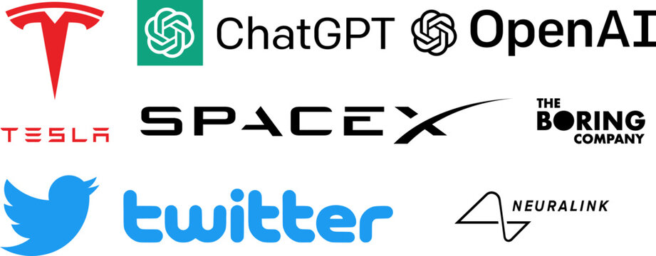 Elon Musk companies logo set. Tesla, ChatGPT, OpenAI, SpaceX, The Boring Company, Twitter, Neuralink icons. Vector editorial illustration