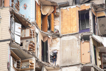 A house blown up by a Russian rocket in the city of Dnipro on Pobeda Street in Ukraine, War in...