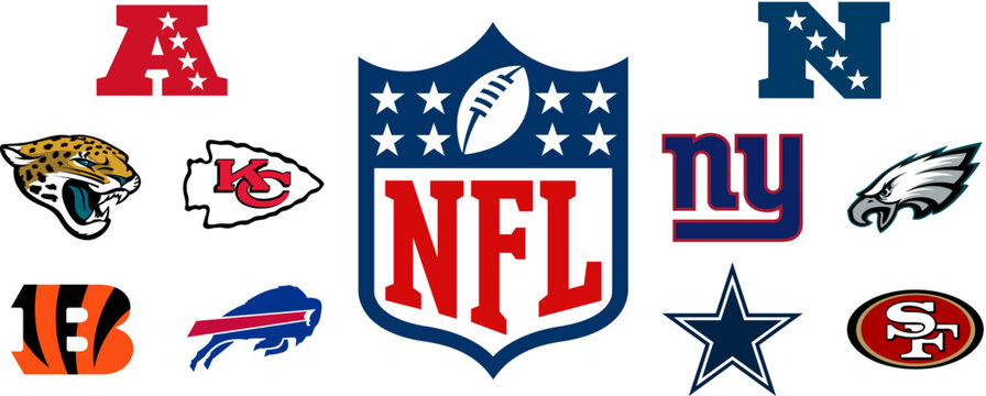 NFL Super Bowl teams logo set. American National Football League Superbowl 49ers Cowboys, Eagles Giants, Bills Bengals, Chiefs Jaguars. Vector editorial illustration