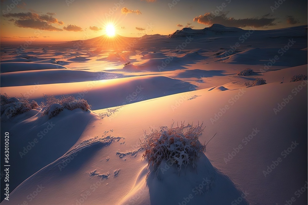 Poster a sunset over a snowy landscape with a few clouds and a sun in the distance with a few clouds and a 