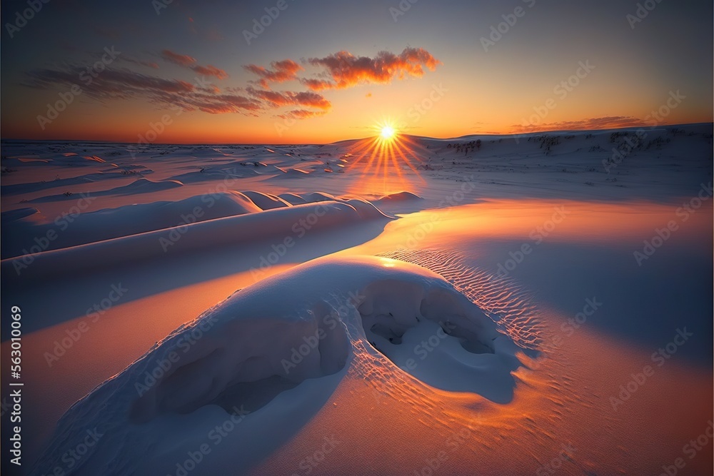 Poster a sunset over a snowy landscape with a sun setting in the distance and a line of trees in the foregr