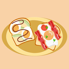 Plate with two different toasts with eggs and bacon