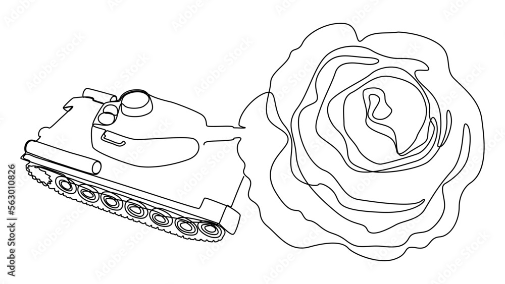Poster one continuous line of tank with rose on the end of the cannon. thin line illustration vector concep