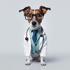 Dog in a doctor, medical worker outfit on a light background. Generative AI - 563011202