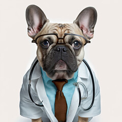 Dog in a doctor, medical worker outfit on a light background. Generative AI - 563011208