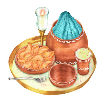 Hand-drawn watercolor composition for Holi celebration: thandai drink, gujiya, powder paint and candle on the tray