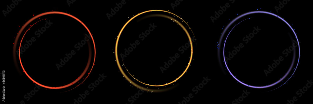 Poster set of glowing neon color circles round curve shape with glitter isolated on black background techno