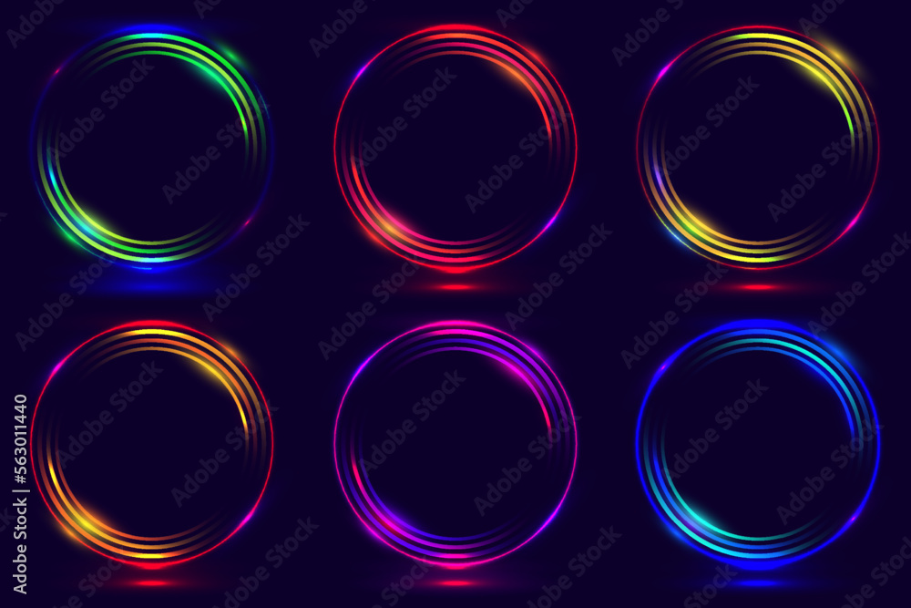 Poster set of glowing neon color circles round curve shapes isolated on black background technology concept