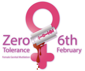 World Day of Zero Tolerance to Female Genital Mutilation,Female sex symbol with blade cutting it and blood on it with pink background.