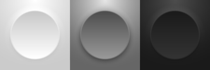 Set of 3D elements circles button white, gray, black colours convex
