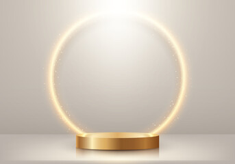 3D realistic empty gold podium stand with glowing golden circle lighting backdrop and glitter on beige background luxury style