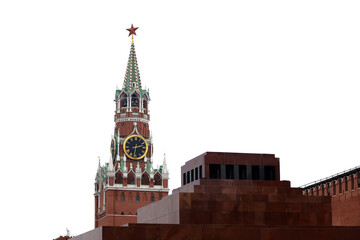 Fototapeta na wymiar Red square in Moscow, Kremlin tower and Lenin Mausoleum on overcast sky background, russian landmarks