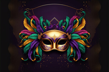 Mardi Gras festive vintage mask and feather frame with space for text. Venice festival and masquerade background on purple - obrazy, fototapety, plakaty