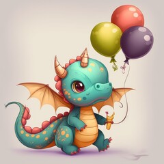 Cute little dragon with balloons. Birthday card. Generative ai.