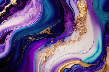 Luxurious fluid art in gold, blue and purple paint. Divorces and waves, mixing colors. Abstract liquid fluid art background.