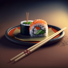 Sushi roll with chopsticks japonese background, Generative AI Tecnology