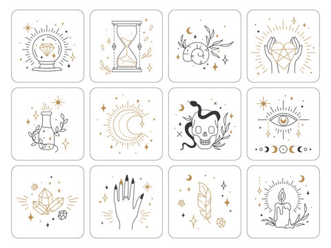 Alchemy, occult tarot card magical esoteric symbols. Ethnic esoteric collection with moon, stars, hands, crystals, plants, eye, shell, potion, skull with snake. Vector illustration
