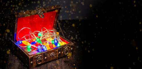 Treasure box of happiness with christmas and celebration theme banner