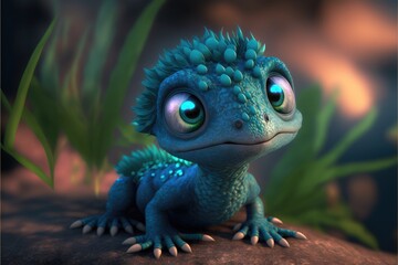 Obraz premium Turquoise baby dragon with opalescent scales isolated on the background. Children friendly. Generative ai.