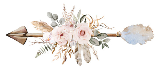  Watercolor arrow with tropical leaves and flowers bouquet, brown and beige Boho Wedding illustration © katrinshine