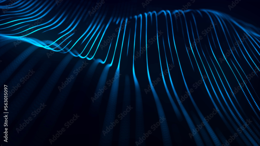 Poster dynamic wave of glowing particles. data flow information. concept of digital communication. big data