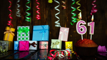 Party birthday background with number  61. Beautiful background anniversary copy space with burning...
