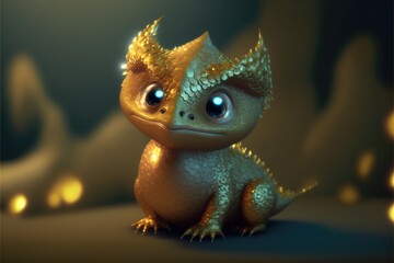 Golden baby dragon with opalescent scales isolated on the background. Children friendly. Generative ai.