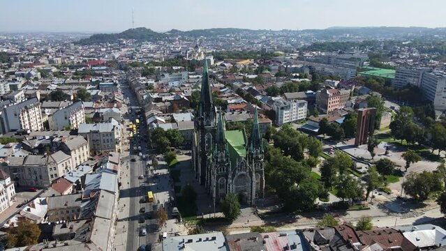 Aerial shot The city of Lviv. Temple of st. Olga and Elizabeth. Ukraine