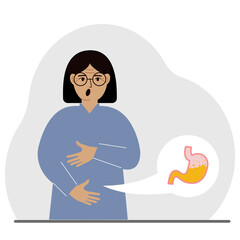 The concept of pain in the abdomen. The woman holds his stomach with both hands. Problems with the stomach or digestion.