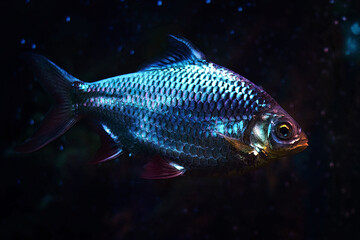 Illustration aquarium fish red pacu on a dark blue background